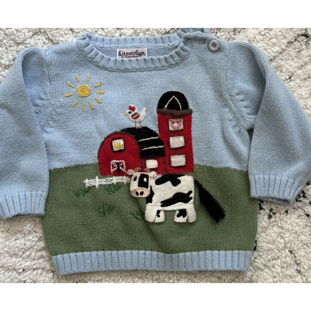 Kitestrings Baby Farm Scene Knit Sweater Sz 12M Cow Chicken Barn Blue Sun